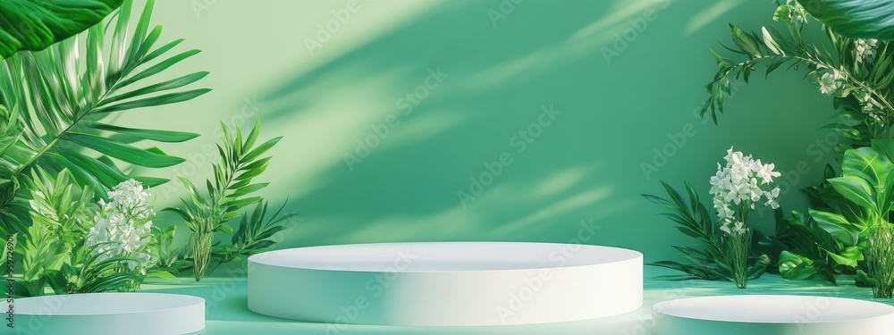 Aufkleber Summer themed mockup for showcasing products White podium set against a green backdrop Clipping path applied to all elements 3D rendering illustration