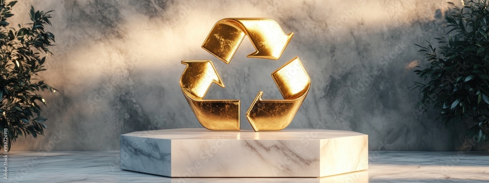 Aufkleber gold glossy recycle symbol on a white marble podium contemporary icon for digital platforms social m