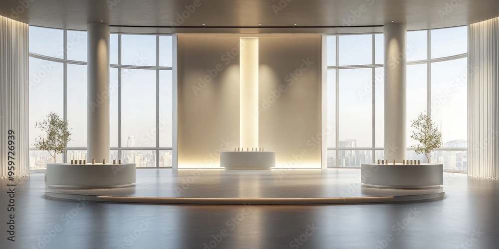 Poster Illuminated display featuring podiums for sample products in a spacious interior with large windows 3D rendering