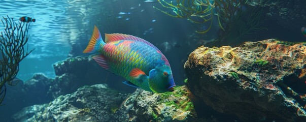 Obraz premium Colorful parrotfish grazing on algae-covered rocks, 4K hyperrealistic photo