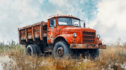 Vintage dump truck in an overgrown field, nostalgic rural scene, watercolor style