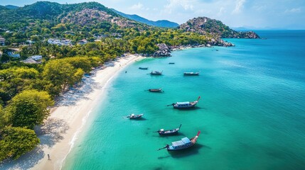 Fototapeta premium Bird's eye view of the turquoise waters and sandy shores of Hua Hin, with fishing boats anchored along the coast.