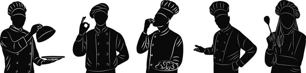 silhouette portrait of chef icon, vector on white background