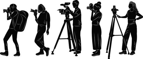 silhouette people taking pictures, filming video, vector on white background