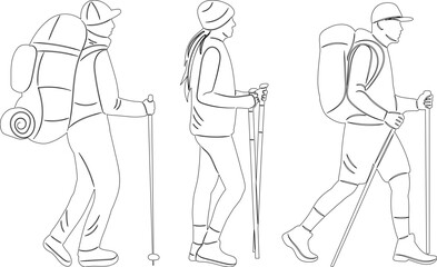 sketch people go hiking, vector on white background
