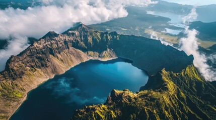 Bird's eye view of the volcanic peaks of Mount Rinjani in Lombok, with its stunning crater lake Segara Anak.