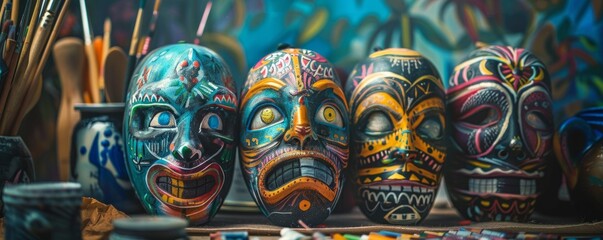 Traditional mask-making workshop with vibrant colors, 4K hyperrealistic photo