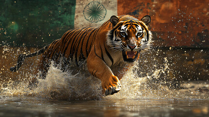Majestic Bengal tigers leaping through water against backdrop of Indian flag symbolizing national pride and wildlife conservation