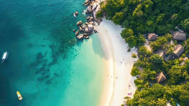 Top view of Koh Phanganas Haad Rin Beach, famous for its full moon parties, with its pristine waters and golden sands.