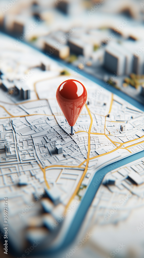 Wall mural red pin is marking a specific location on a 3d city map with buildings and a river