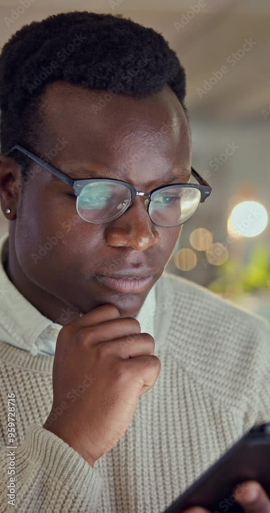 Poster business, black man and tablet with thinking in office of research ideas, problem solving or project