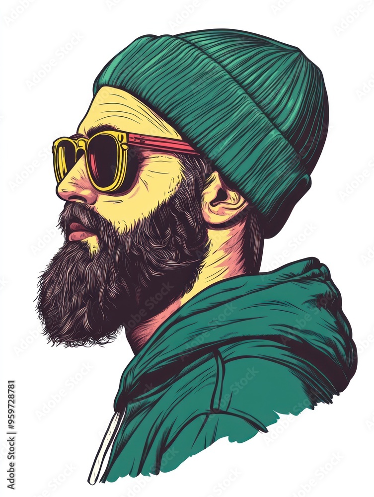 Poster A man with a beard wearing a beanie and sunglasses.