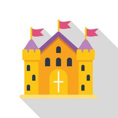 Medieval castle with flags waving on top of towers, fairytale castle, flat design icon