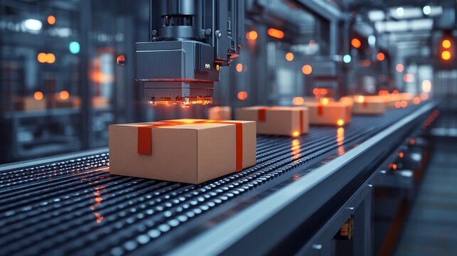 Automated Precision on the Production Line: A robotic arm with a laser scanner inspects packages moving along a conveyor belt, showcasing the efficiency of modern manufacturing and automation. 
