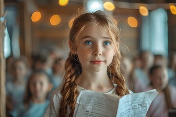 Fototapeta premium A Young Girl with Braids Holding a Script in a Classroom Setting