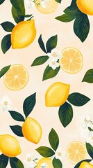 Colorful summer pattern featuring fresh yellow lemon on beige background