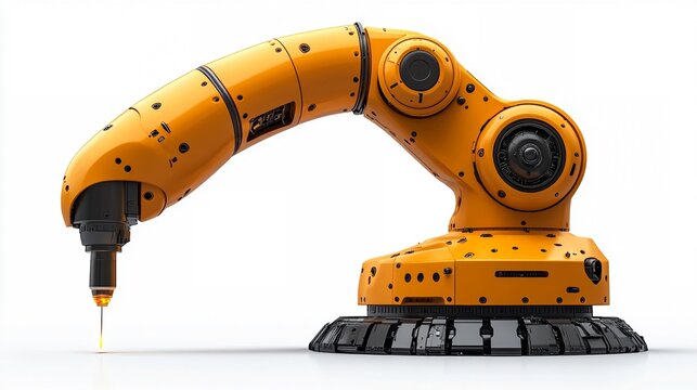 Precision Automation: A lone yellow robotic arm poised with a delicate tool, symbolizing precision and advanced technology on a clean white background.