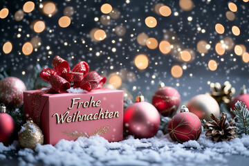 Christmas greetings: Christmas decoration with text FROHE WEIHNACHTEN (A.I.-generated)