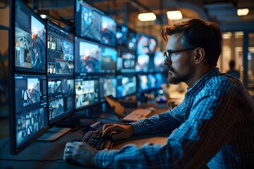 Fototapeta premium Focused Operator Monitoring Multiple Screens in a High-Tech Control Room