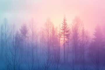 A fantastical forest shrouded in colorful mist