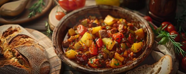 Ratatouille with crusty French bread, 4K hyperrealistic photo