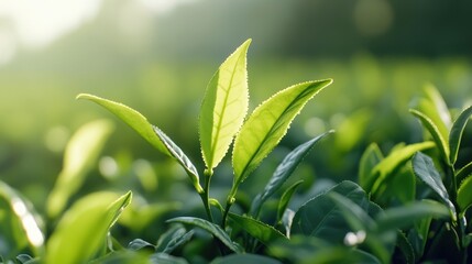 Close-Up of Fresh Green Tea Leaves in a Sunlit Field Capturing the Essence of Nature and Agriculture