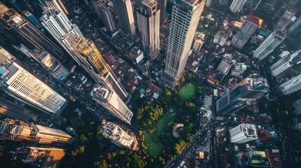 Fototapeta premium Top view of the dynamic cityscape of Jakarta, with skyscrapers, bustling streets, and green parks below.