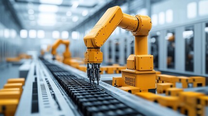 Automated Precision: Yellow robotic arms work on an assembly line in a modern factory, showcasing the power of automation in manufacturing.