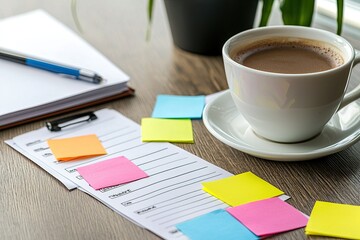 Office workplace with notepad, coffee cup and plant on wooden table