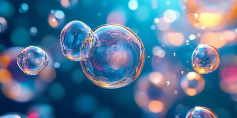 Floating Bubble with Molecules on Soft Blue Background