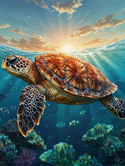 Fototapeta premium A close-up of a gentle sea turtle with a beautifully patterned shell, gliding through a soft, dreamy underwater world, its graceful movements 
