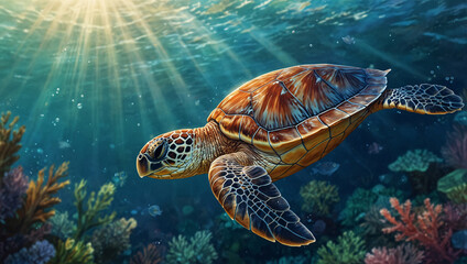 Fototapeta premium A close-up of a gentle sea turtle with a beautifully patterned shell, gliding through a soft, dreamy underwater world, its graceful movements 