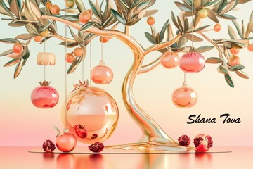 A whimsical Shana Tova greeting card featuring a surreal tree decorated with glowing pomegranates and a jar of honey.