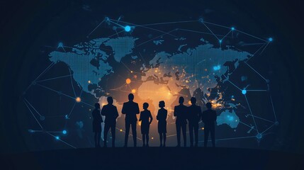 Obraz premium Silhouettes of business people stand before a digital world map with a network of connections.