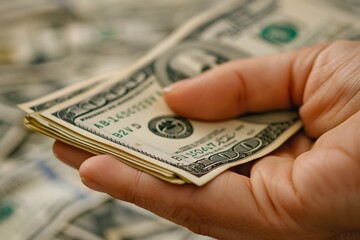 Hand Holding Cash Amidst a Pile of Dollar Bills