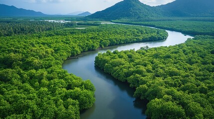 Top view of the lush mangrove ecosystem in Koh Chang, with narrow waterways weaving through the dense green forest.