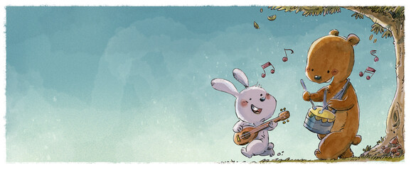 Bear and rabbit playing musical instruments in the forest © cirodelia