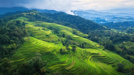 Top view of the lush terraces of Doi Inthanon National Park, with rice paddies cascading down the hills in northern Thailand.