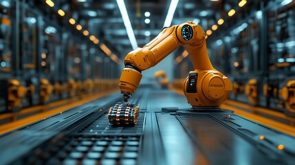 Automated Precision: A lone robotic arm meticulously assembles a complex device on a futuristic production line, showcasing the power of automation in modern manufacturing. 