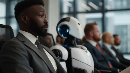 Fototapeta premium Businessman working with artificial intelligence robot in modern office