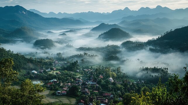 Top view of the mist-covered mountains surrounding the sleepy town of Phongsali, high in northern Laos.