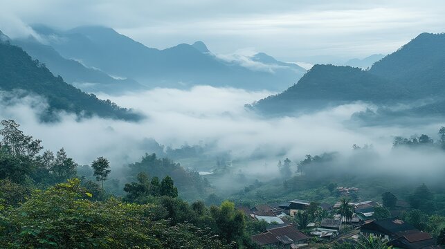 Top view of the mist-covered mountains surrounding the sleepy town of Phongsali, high in northern Laos.