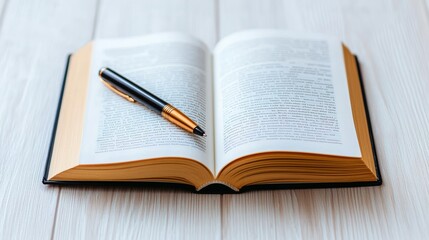 Open book with a pen resting on its pages. Ideal for concepts of literacy, education, writing, and study.