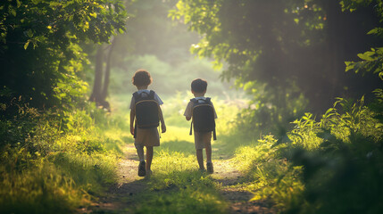 Obraz premium Two children hiking along the trail, adventure exploring nature