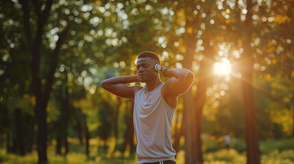 African American man wearing wireless headphones stretches his arm muscles before starting his morning jog in the park.