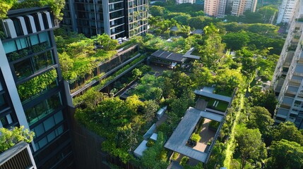 Top view of the rooftop gardens and greenery of Singapore's Pinnacle Duxton, with panoramic city views.