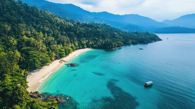 Top view of the sandy beaches and turquoise waters of Tioman Island, surrounded by dense greenery.