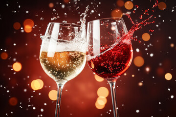 Red and white wine glasses clinking together with sparkling bubbles on red bokeh background