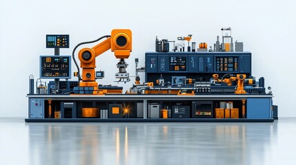 Automated Manufacturing: A sleek, modern robotic arm operates in a futuristic industrial setting, showcasing the power and precision of automation in manufacturing. The image conveys a sense of effici