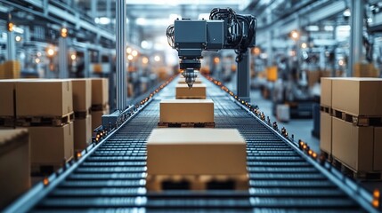 Obraz premium Industrial Automation: A robotic arm meticulously moves boxes along a conveyor belt in a modern factory, showcasing the efficiency and precision of automated manufacturing processes. 
